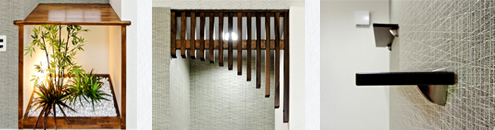 建築白石オリジナルのピーラ材とパイン材の飾り棚で趣きのある空間を演出